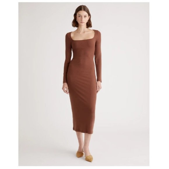 Quince Dresses & Skirts - Quince Tencel Rib Knit Long Sleeve Midi Dress Fitted Square Neck Brown Size M